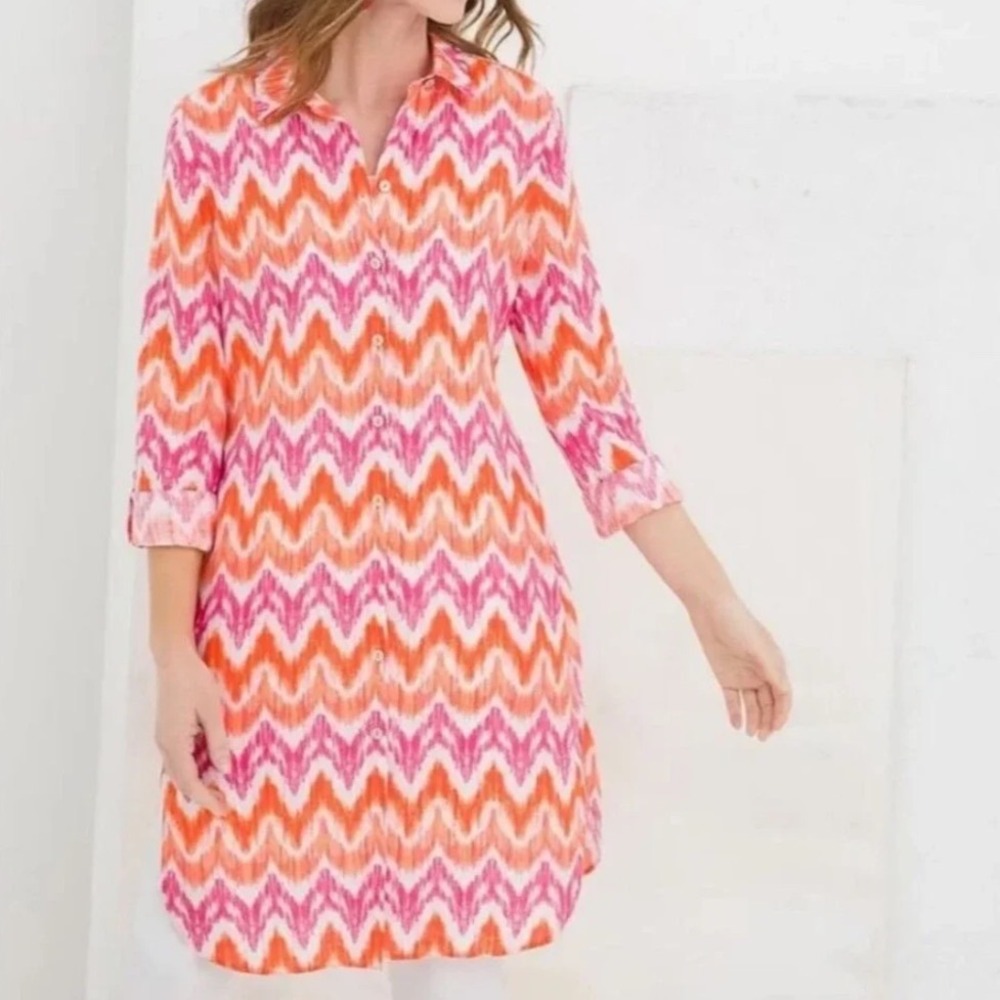 Chico's Sz 1.5 Linen Long Sleeve Chevron Orange Pink Shirt Dress Women's Size 10